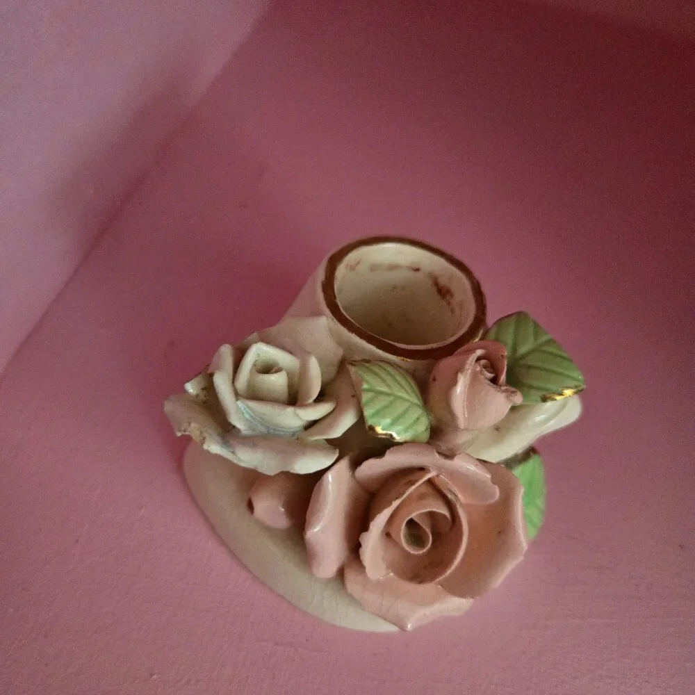 Vintage Porcelain Rose Candlestick Holder Cottagecore Romantic Victorian Style